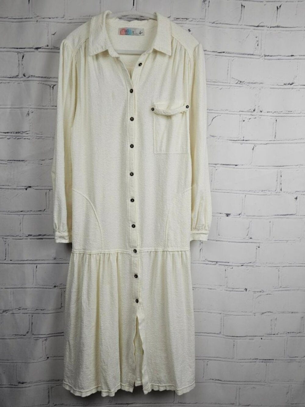 FP Beach Cream Button Midi Dress Casual Cotton Shirt Dress Free People Long Slv